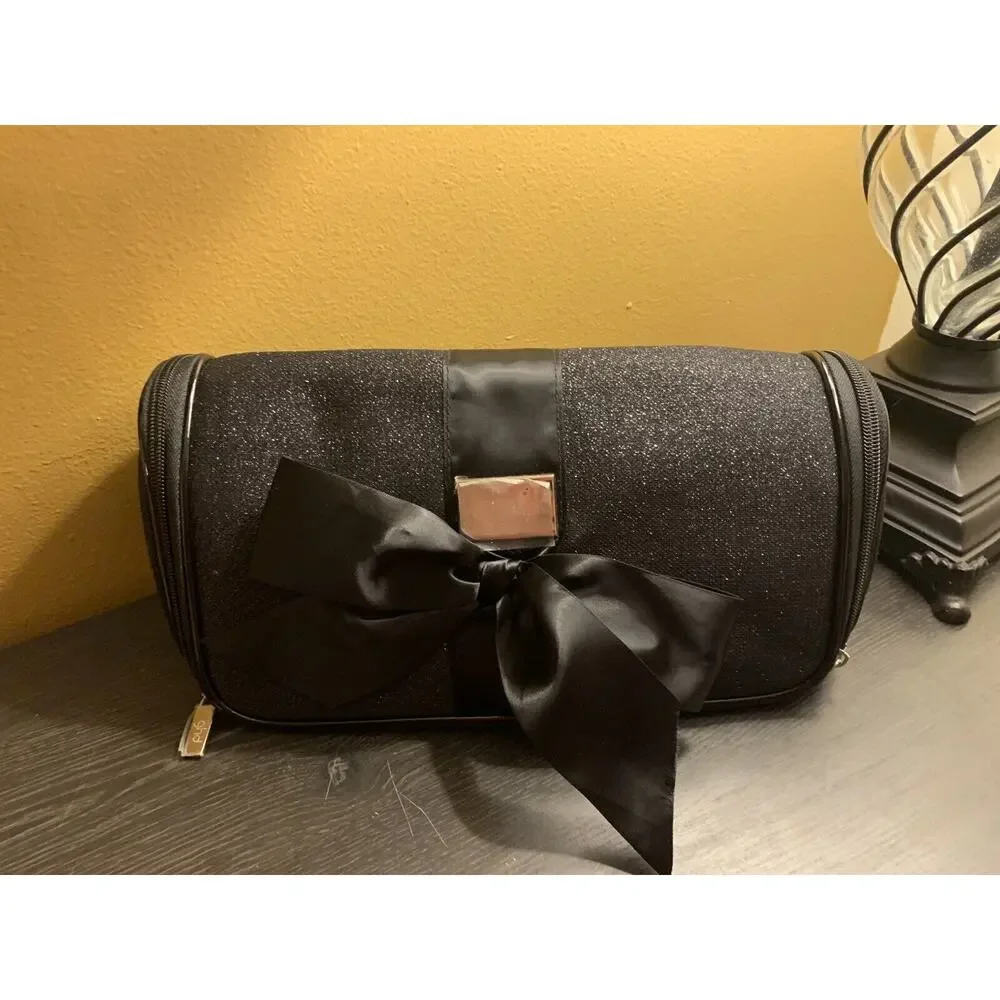 GHD Cosmetic Bag with Satin Bow Glitter Black And Silver Hair Styler Makeup Case